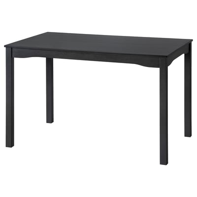 Black rectangular wooden table with four legs. Simple and modern design, ideal for dining or working.