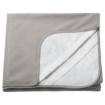 Grey waterproof mattress protector, folded, with white piping.
