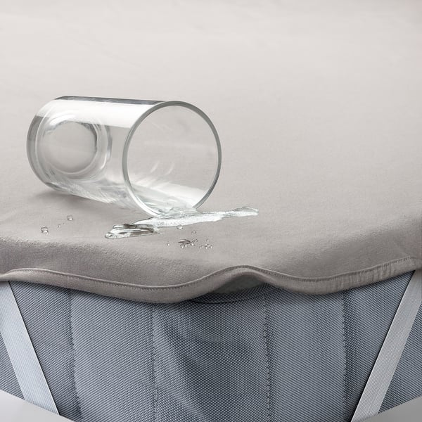 A clear glass cup tipped over on a grey waterproof mattress protector, demonstrating its liquid-repellent properties.