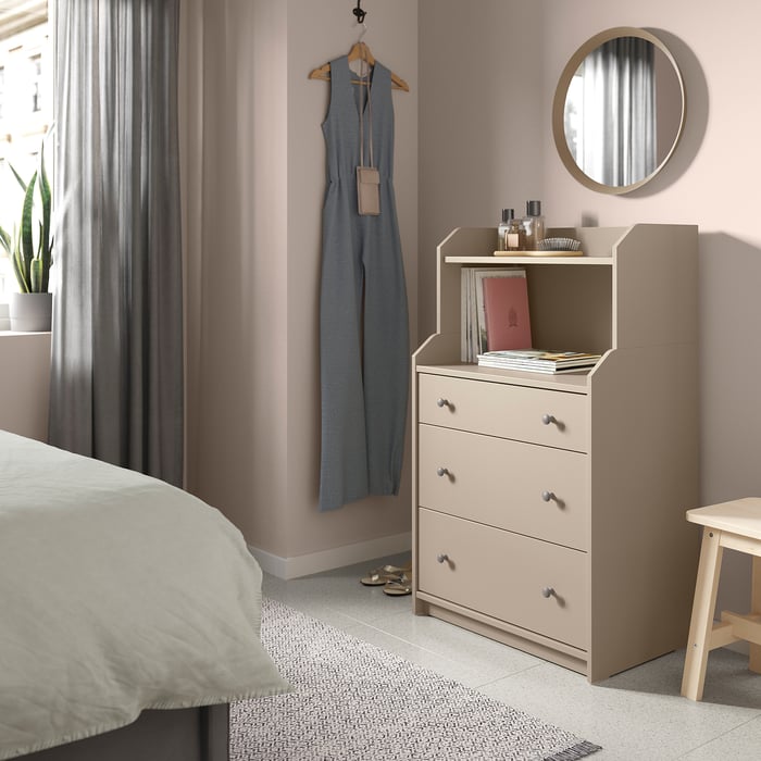 HAUGA chest of 3 drawers with shelf, beige, 70x116 cm (271/2x455/8") IKEA