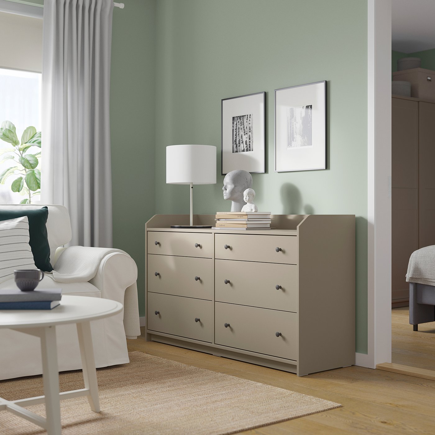 HAUGA chest of 6 drawers, beige, 138x46x84 cm (543/8x181/8x331/8