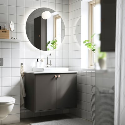 HAVBÄCK / ORRSJÖN Wash-stnd w doors/wash-basin/tap, dark grey/white marble effect, 82x49x71 cm