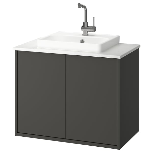 HAVBÄCK / ORRSJÖN Wash-stnd w doors/wash-basin/tap, dark grey/white marble effect, 82x49x71 cm