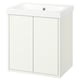 HAVBÄCK vanity in white, modern & sleek design, wall-mounted with doors, ceramic sink on top.