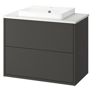 Grey HAVBÄCK bathroom vanity, dark drawer, white stone countertop, rectangular sink.