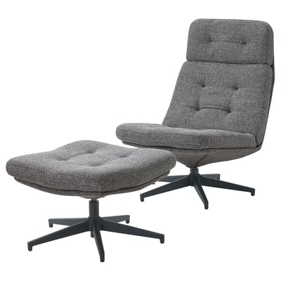 HAVBERG: grey modern swivel chair & ottoman, cushioned, polyester & cotton blend, timeless design.