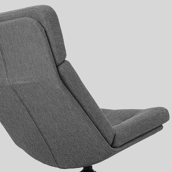 Close-up of a durable, grey fabric armchair, showcasing its sturdy, textured design and ergonomic headrest.