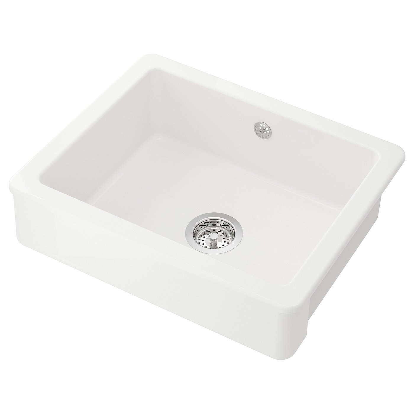 HAVSEN white ceramic sink, rectangular, single bowl with visible front, drain, and chrome strainer.