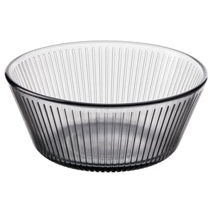 HAVSGÄDDA grey glass bowl, ribbed design, round shape, clear tempered glass.