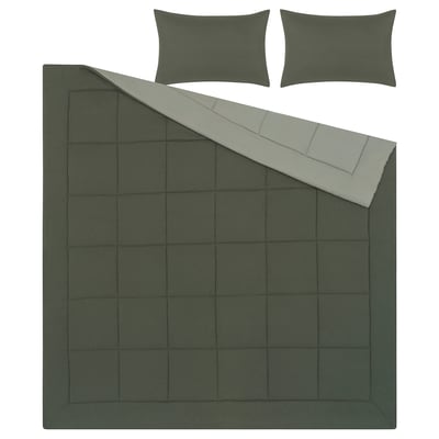 HEDFRYLE green bed set, soft recycled polyester, comforter & pillow shams.