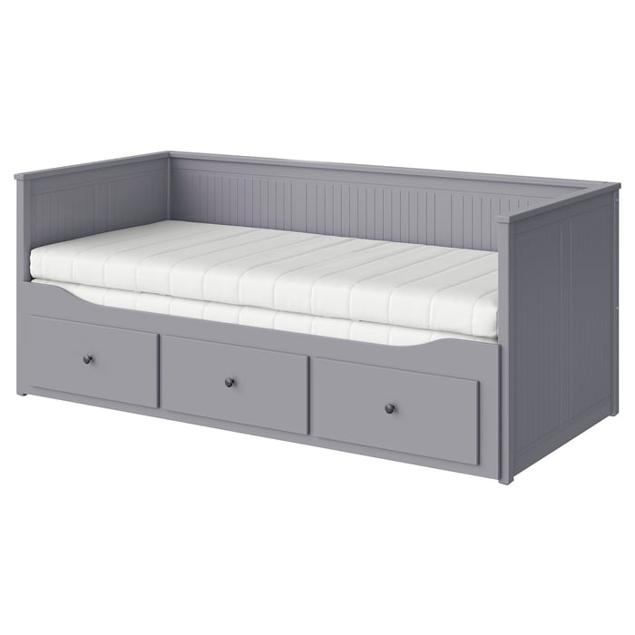 HEMNES Daybed w 3 drawers/2 mattresses, grey/Åsvang firm, 80x200 cm