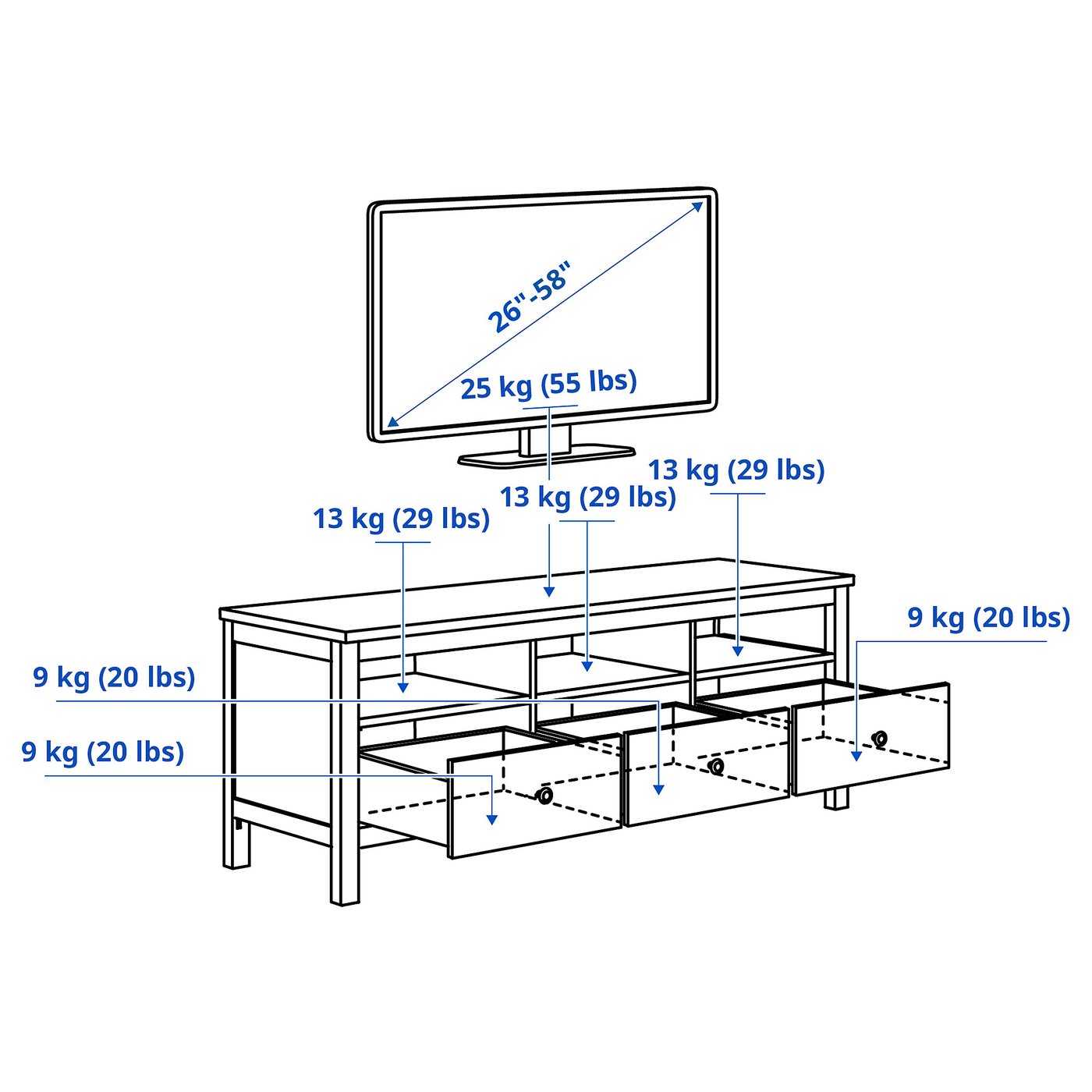 HEMNES TV bench, white stain/light brown, 148x47x57 cm (581/4x181