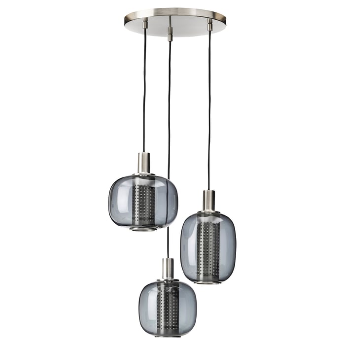 HÖGVIND pendant lamp with 3 lamps, nickelplated/grey glass, 41 cm (16