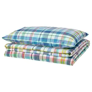 Colourful check duvet set, 4-color, soft recycled cotton & viscose blend, cover & pillowcase.