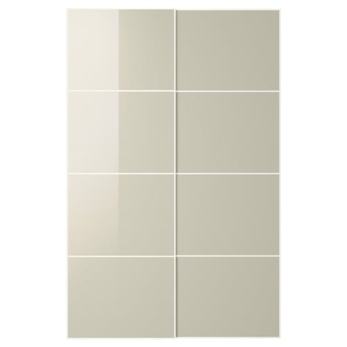 HOKKSUND sliding door panels in beige, featuring high-gloss foil. They are arranged in a grid, highlighting their sleek, rectangular design.