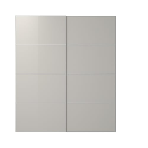 White HOKKSUND sliding closet doors. High-gloss, rectangular shape.