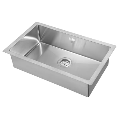 Single bowl stainless steel sink, rectangular shape, small radius corners, sleek design, sound-absorbing pads.