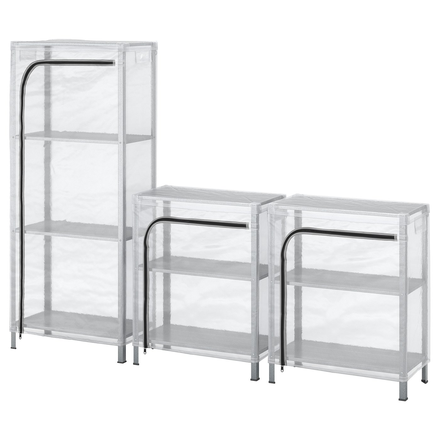 HYLLIS Shelving units with covers, transparent, 180x27x74-140 cm (70 7/8x10 5/8x29 1/8-55 1/8 ")
