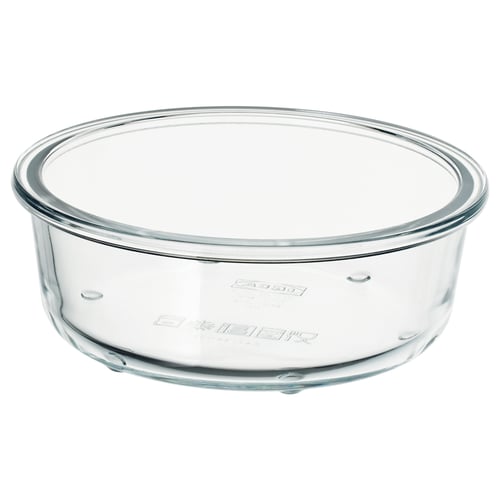 IKEA 365+ clear glass food container, round with smooth edges, no lid.