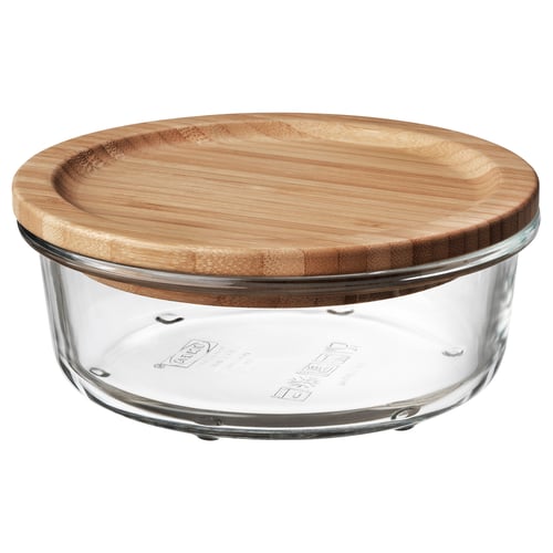 IKEA 365+ round glass jar with bamboo lid. Clear, natural wood tone, flat top.