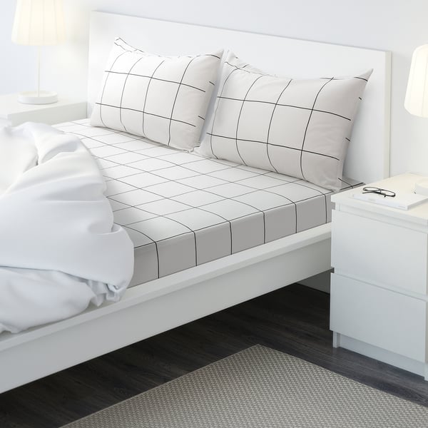 JÄMTSTARR Flat sheet and 2 pillowcase, white/check, 240x260/50x80 cm