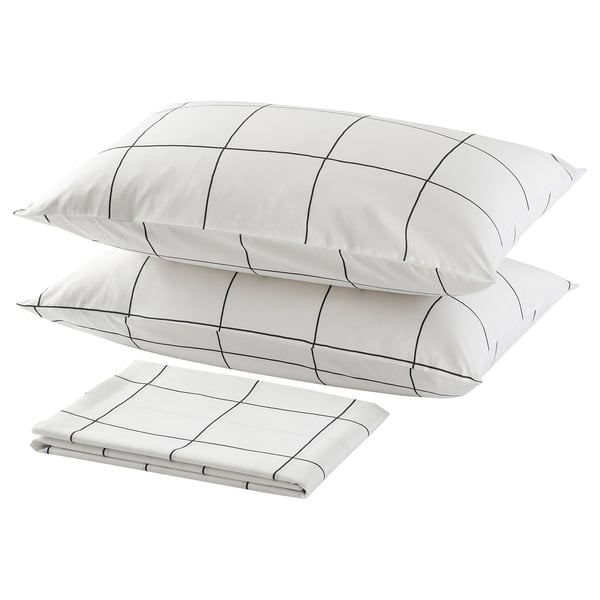 JÄMTSTARR Flat sheet and 2 pillowcase, white/check, 240x260/50x80 cm