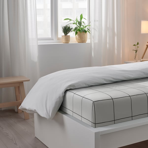 JÄMTSTARR Flat sheet and pillowcase, white/check, 150x260/50x80 cm
