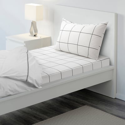 JÄMTSTARR Flat sheet and pillowcase, white/check, 150x260/50x80 cm