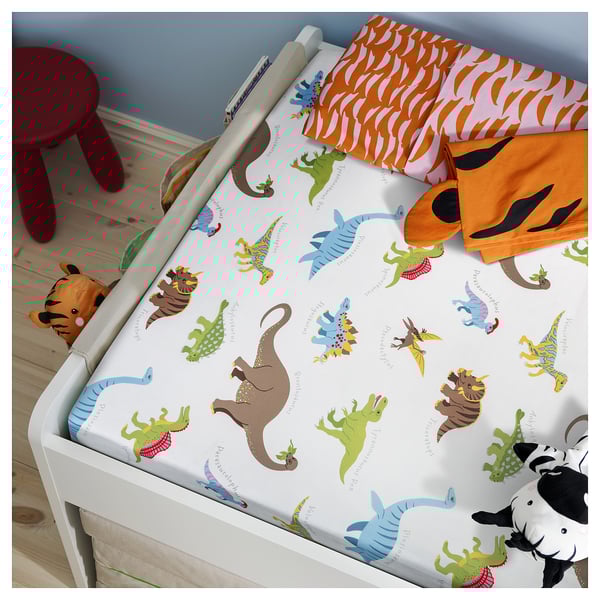 JÄTTELIK Flat sheet and 2 pillowcase, Dinosaurs/white, 240x260/50x80 cm