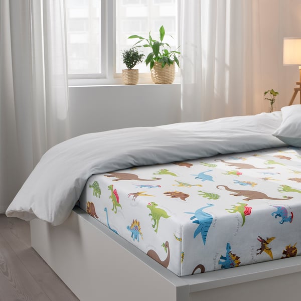 JÄTTELIK Flat sheet and 2 pillowcase, Dinosaurs/white, 240x260/50x80 cm