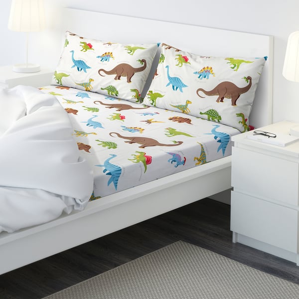 JÄTTELIK Flat sheet and 2 pillowcase, Dinosaurs/white, 240x260/50x80 cm