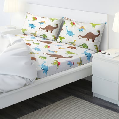 JÄTTELIK Flat sheet and 2 pillowcase, Dinosaurs/white, 240x260/50x80 cm
