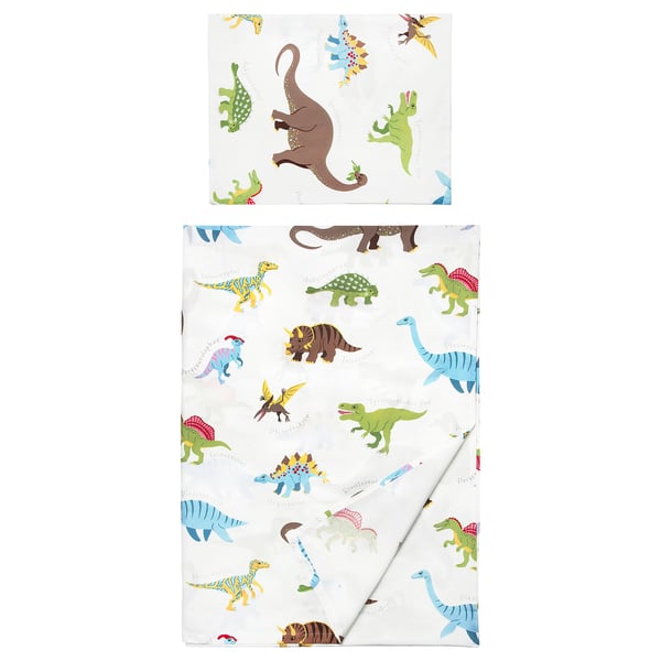 JÄTTELIK Flat sheet and pillowcase, Dinosaurs/white, 150x250/50x80 cm