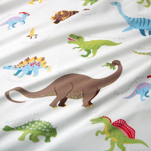 JÄTTELIK Flat sheet and pillowcase, Dinosaurs/white, 150x250/50x80 cm