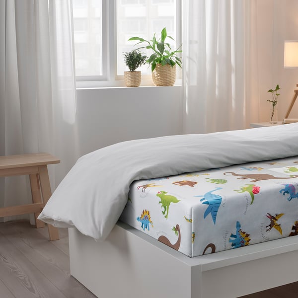 JÄTTELIK Flat sheet and pillowcase, Dinosaurs/white, 150x250/50x80 cm