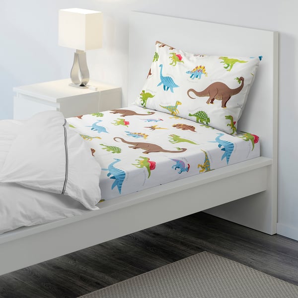 JÄTTELIK Flat sheet and pillowcase, Dinosaurs/white, 150x250/50x80 cm