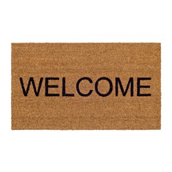 Simple brown rectangular doormat with bold black welcome text centre, made of coir fibres.