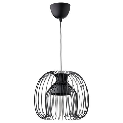 Black hanging lamp with curved metal wires, modern design, suspended from ceiling.