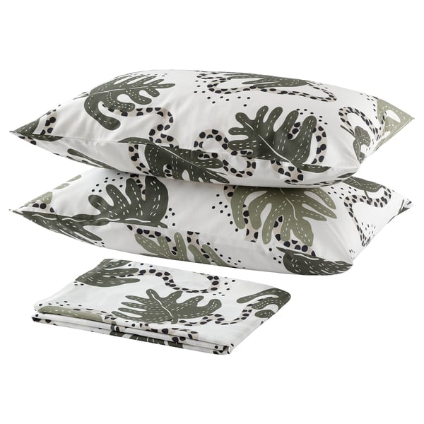 KLÄTTERKALLA flat sheet and 2 pillowcase, white/green, 240x260/50x80 cm