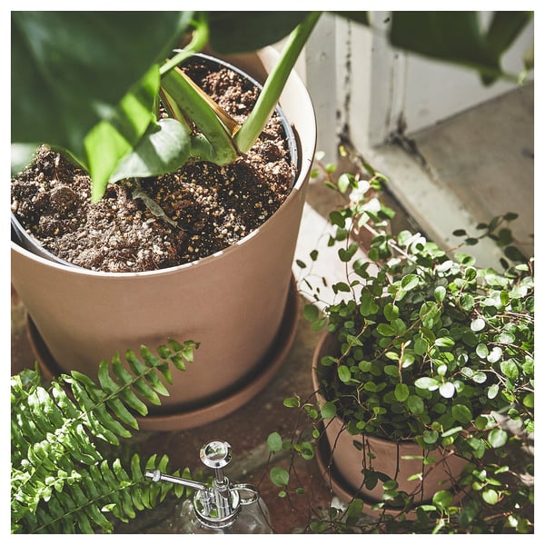 KLARBÄR Plant pot with saucer, in/outdoor brown, 24 cm