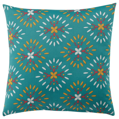 KLIBBARV pillow in turquoise with yellow, red, and white floral design, square-shaped and made from cotton.