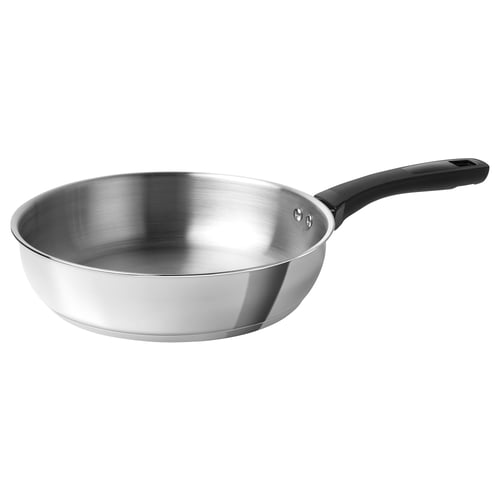 KLIPPBROSME pan, silver. Stainless steel body, black handle. Rounded interior, flat base. Ideal for various hobs.