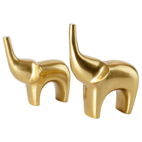 Two golden elephant-shaped sculptures, sleek and stylish, perfect for table decor. Made of aluminium with stainless steel fittings.
