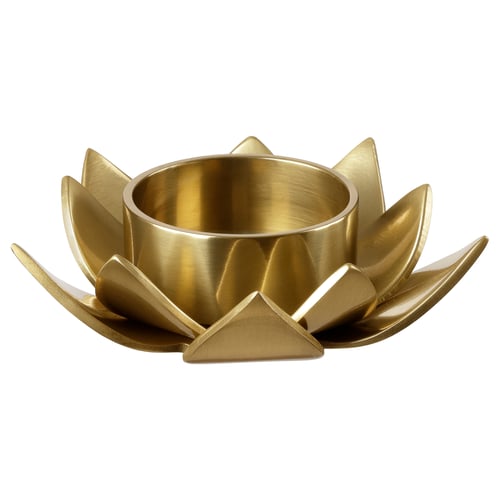 A KNASTRIGT, a golden aluminium lotus-shaped candle holder. Its petal-like design makes it an elegant table decoration.