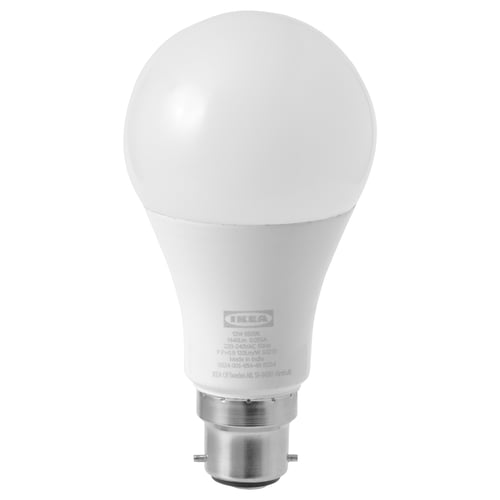 Led light bulb, white, round shape, b22 base, durable plastic and aluminium, cool blue-white light.