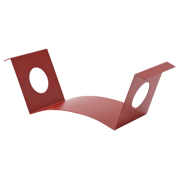 Red KOMPISHÄNG bookend, curved steel, oval cutouts, white background.