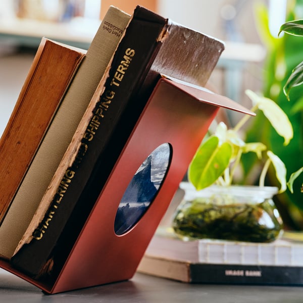 Stack of books with a red, metallic holder labelled KOMPISHÄNG. A small potted plant sits on top of one book.