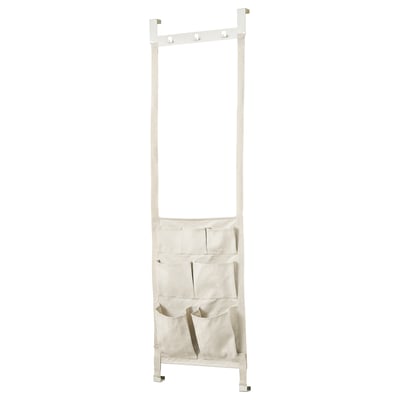 A kompishang hanging storage unit in white, designed for door use. It has a sturdy frame with multiple canvas pockets and hooks for organising items.