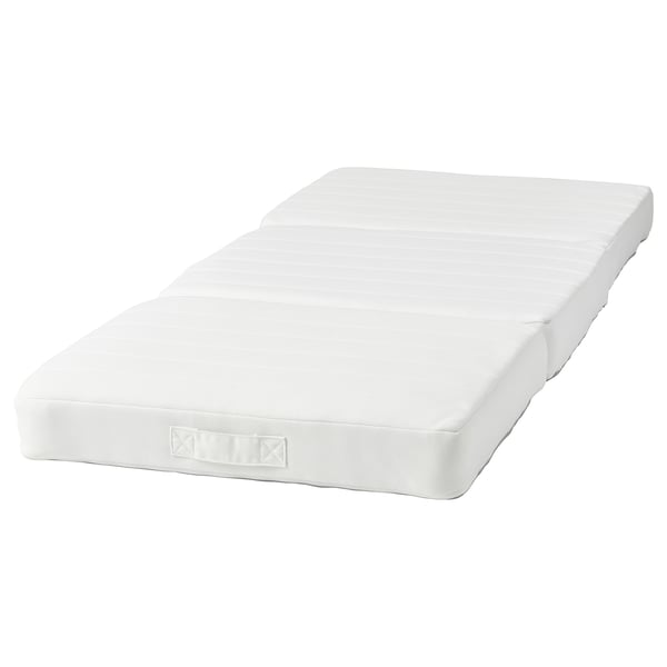 A white, rectangular KOMPISHÄNG mattress. Its made from recycled polyester and has a simple, smooth design.