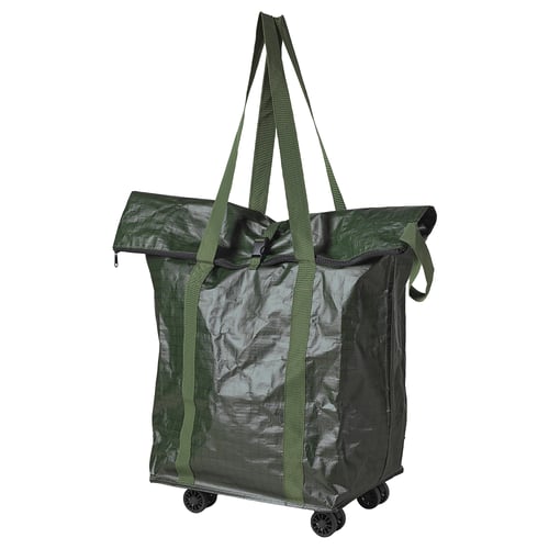 Green rolling shopping bag with long straps, four wheels, and foldable top.